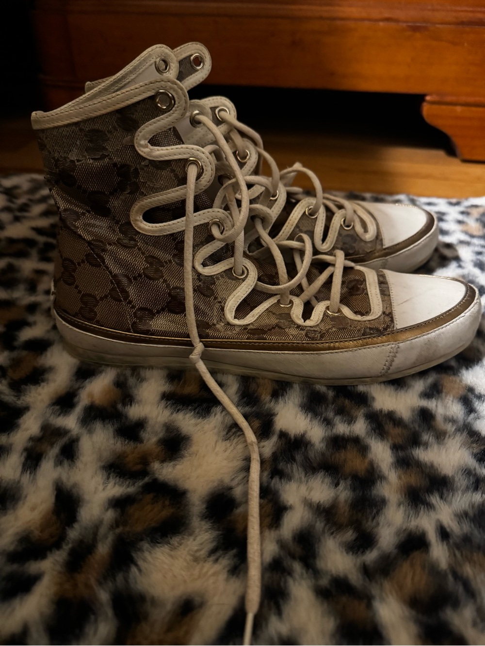 Gucci Beige Monogram High-Top Lace-Up Sneakers